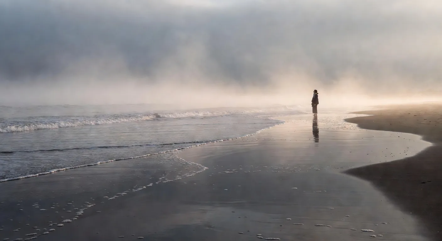 霧の朝の海辺