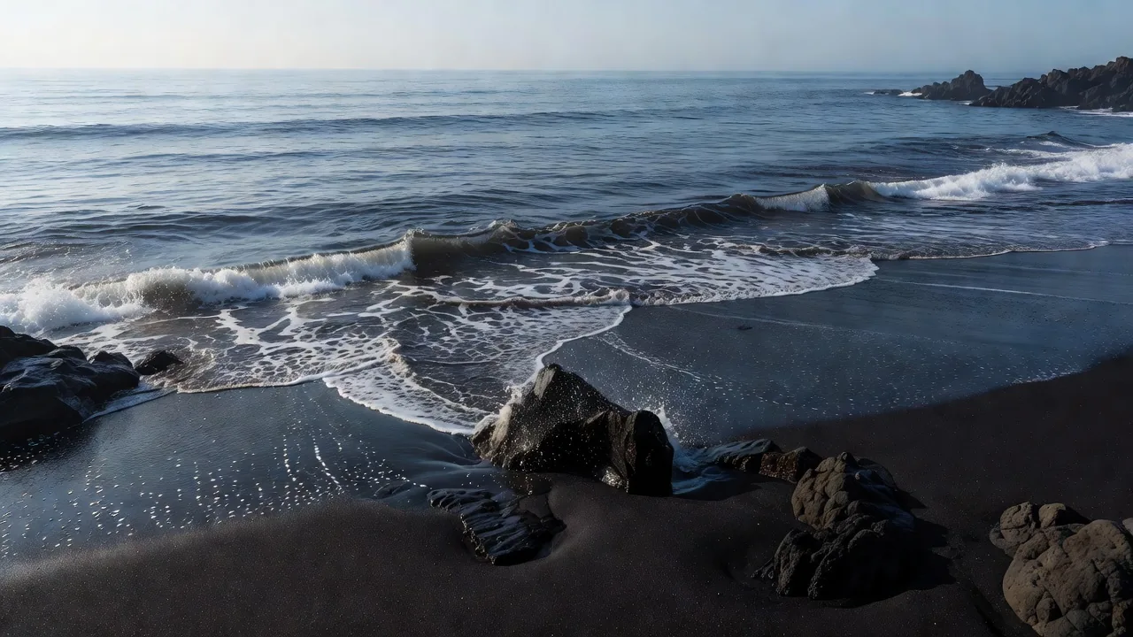 黒砂の浜に打ち寄せる波
